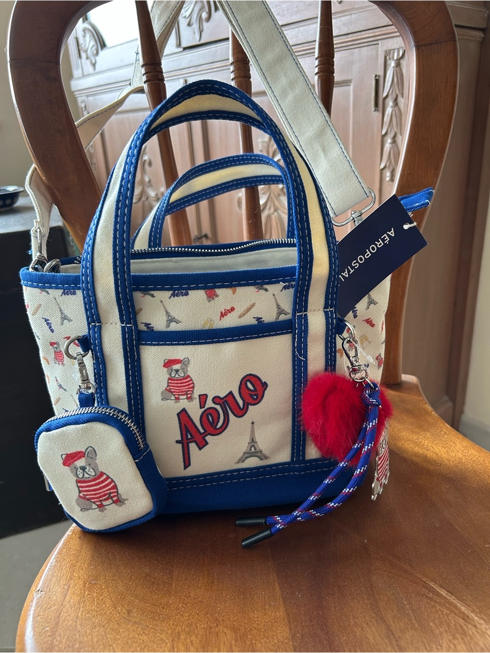 Aeropostale NEW- Blue, Cream & Red bag French Bulldog